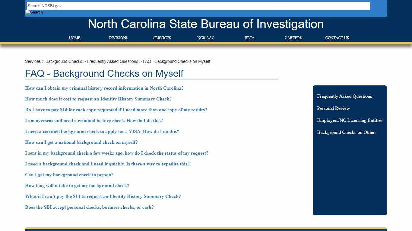 NCSBI - FAQ - Background Checks on Myself